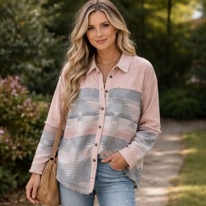 Mystree Boutique Boho Aztec Print Shacket NWT | Fringe Raw Hem Button Up
